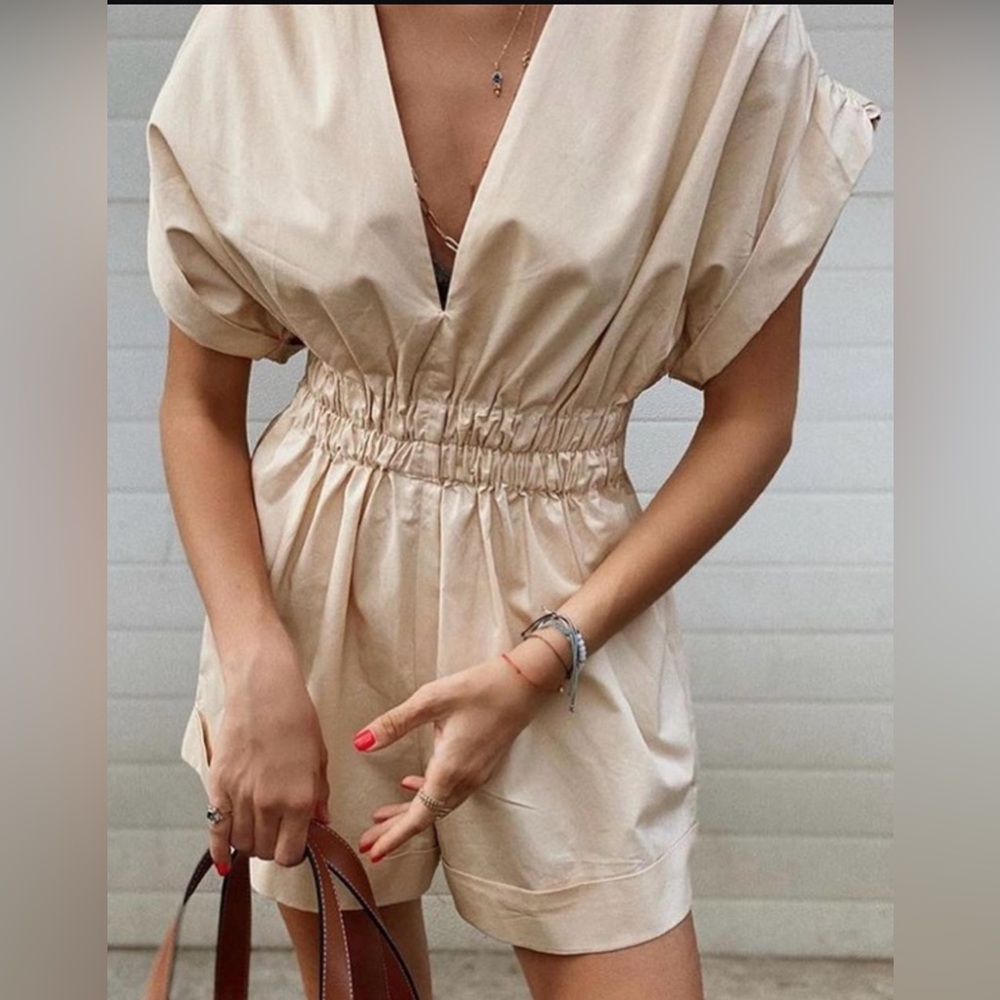 ZARA Tan Romper v-neck short cuffed sleeves Size XS